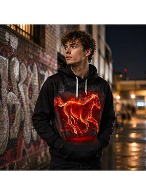 John Hancock XL Black Hoodie Bold Graphic Fiery Horse Urban Streetwear NWOT